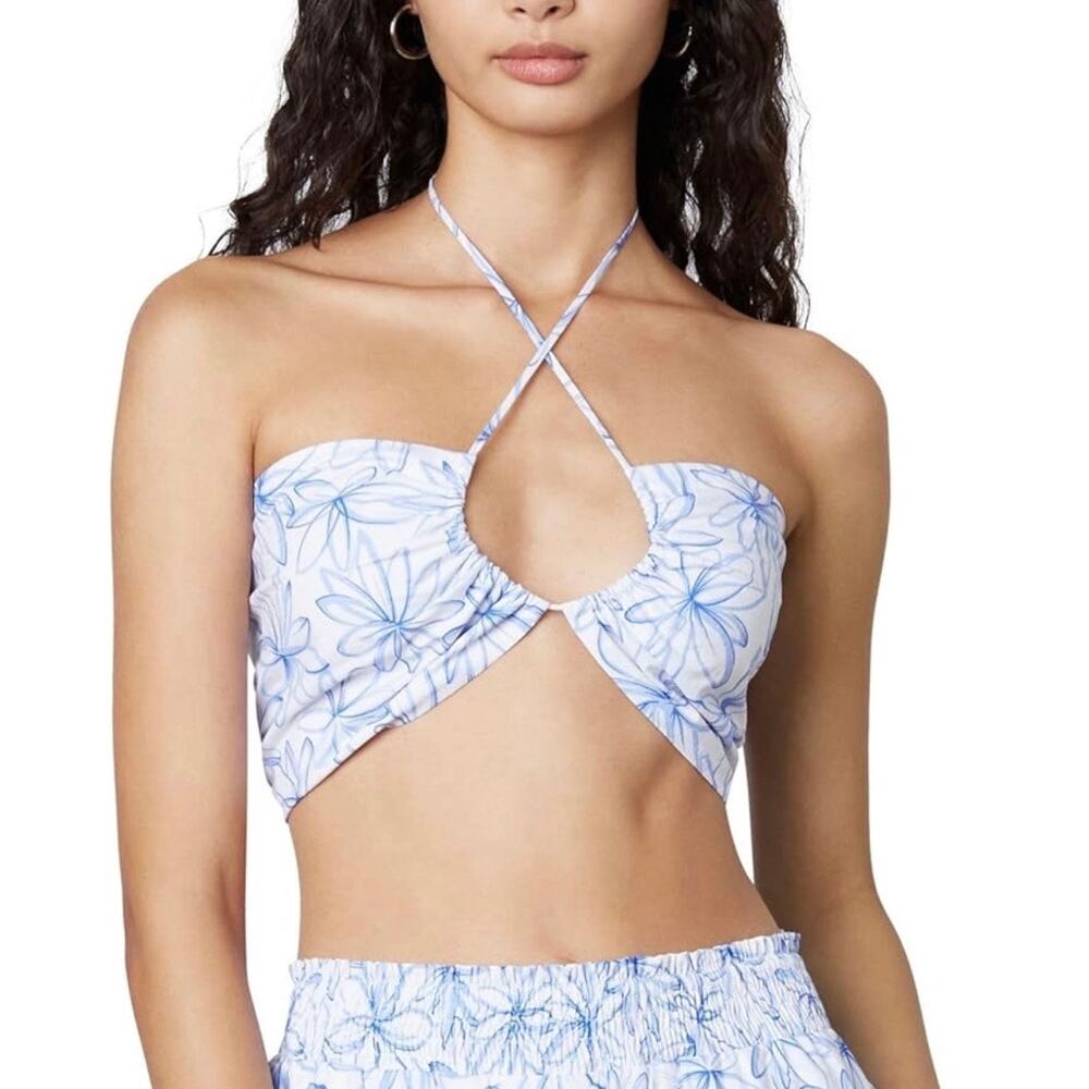 NIA Stella Cotton Crop Top Bralette Air Blue Floral Halter Keyhole Size S